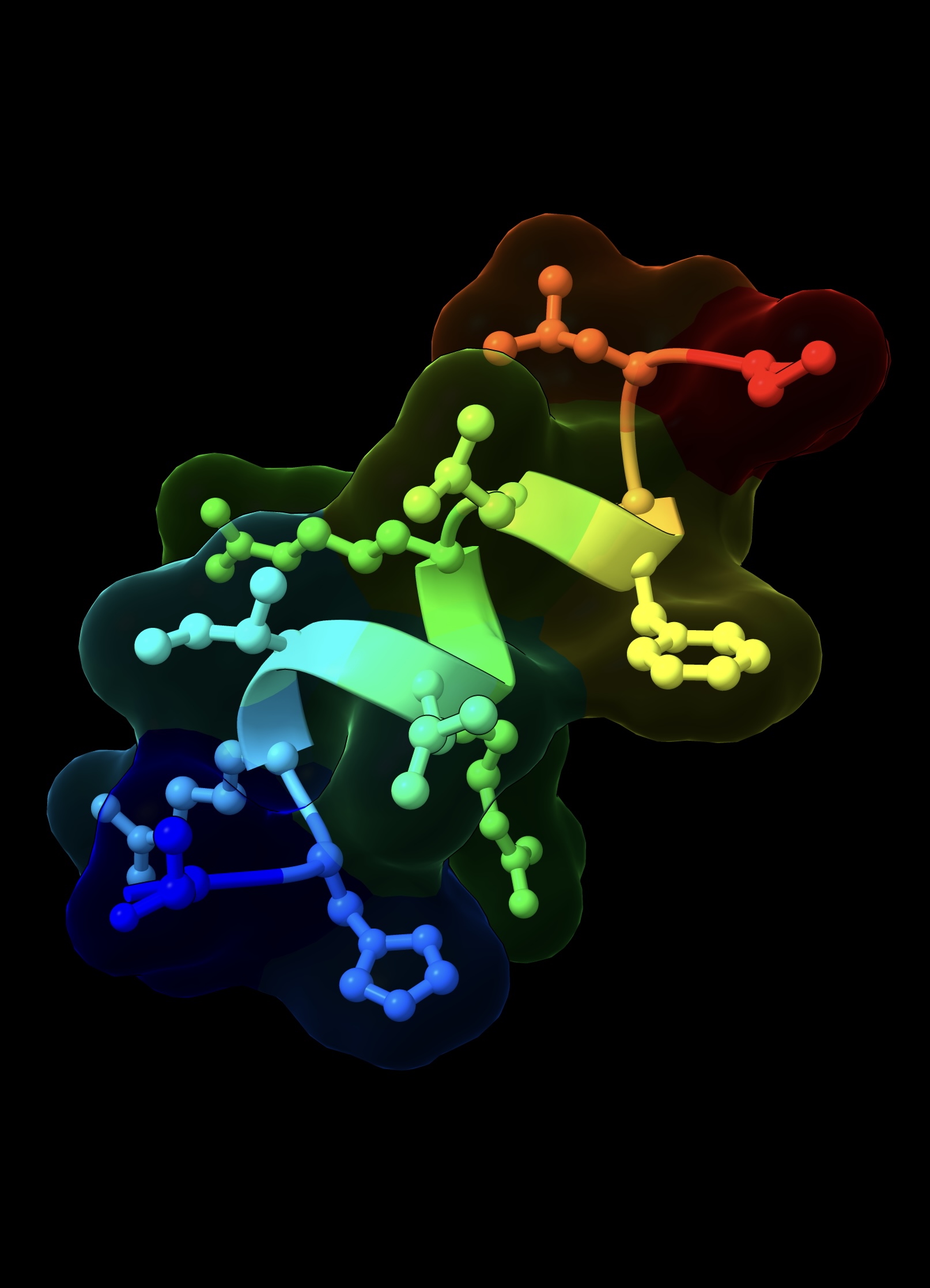 a 3d model of the BRP molecule on a black background. it has a helix-like structure in the center, from which various spheres and sticks representing atoms and bonds protrude. the molecule is coloured in a rainbow gradient.